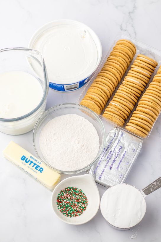 Ingredients needed to make the Christmas Cookie Lush recipe for the perfect holiday dessert.  