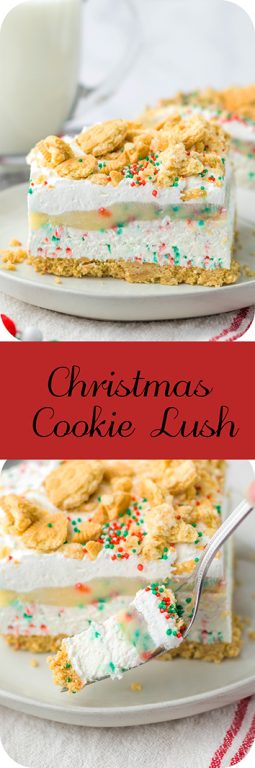 Christmas Cookie Lush is the perfect holiday dessert recipe. It is no-bake, so it makes for a quick dessert when you are entertaining. Layers of vanilla cream cookies and sprinkles, a cheesecake layer, finished off with a pudding layer, whipped topping, crushed cookies and sprinkles to look like the perfect Christmas Cookie dessert. 