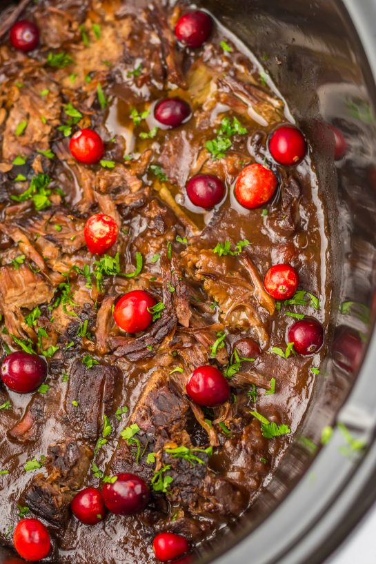 Close-up overhead photo of the Crock Pot Cranberry Roast Beef recipe