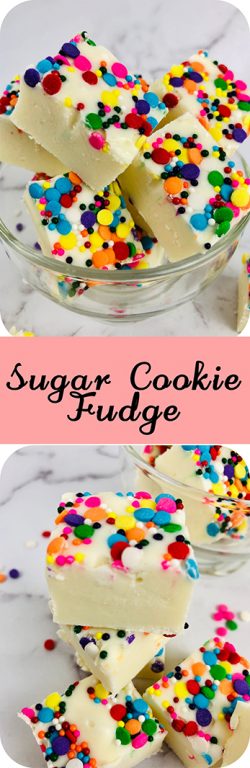 Sugar Cookie Fudge is a rich and creamy vanilla cookie dough fudge recipe. Made from eggless sugar cookie dough, this easy fudge tastes just like sugar cookies! This no bake fudge comes together quickly and will soon be your favorite for Valentine's Day!