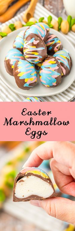 Easy Easter Marshmallow Eggs are the perfect no bake treat for Easter! They are adorable, delicious and a cinch to make! Chocolate Easter Eggs are filled with a fluffy, rich marshmallow filling. Perfect for your Easter dessert display or to fill Easter baskets with.