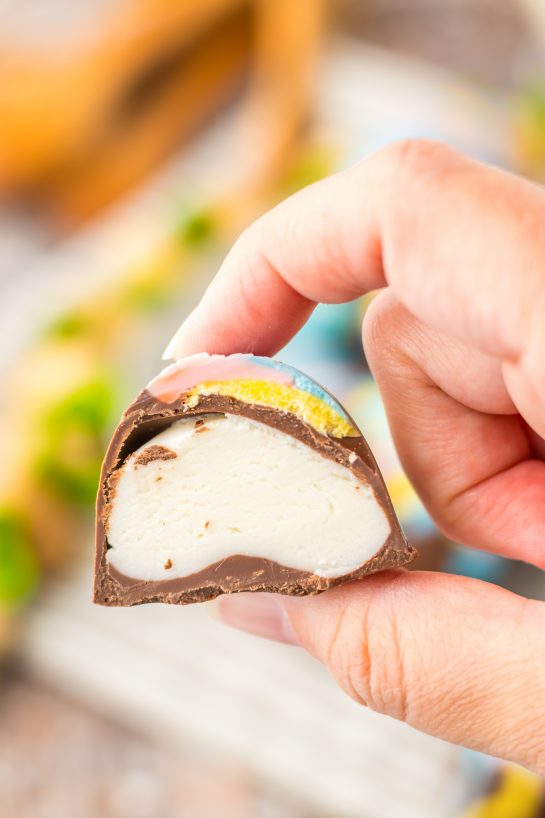 One of the completed Easter Marshmallow Eggs cut open to show the insides.