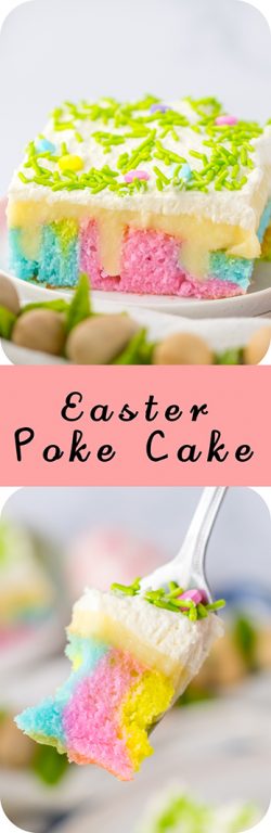 Easter Poke Cake is the prettiest, tastiest dessert for spring! This was such an easy and super fun cake to make! It’s the perfect sweet treat for Easter! Cake mix, white chocolate pudding layer and a delicious whipped cream on top! 