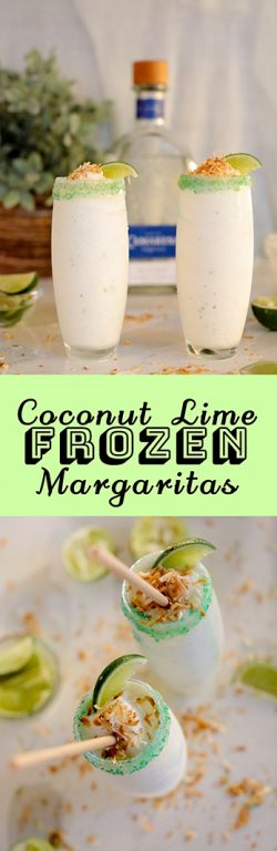 Coconut Lime Frozen Margaritas are a smooth, creamy, and easy to make frozen drink recipe for a party! Creamy coconut blends with tequila and fresh lime topped with a crunchy toasted coconut rim.