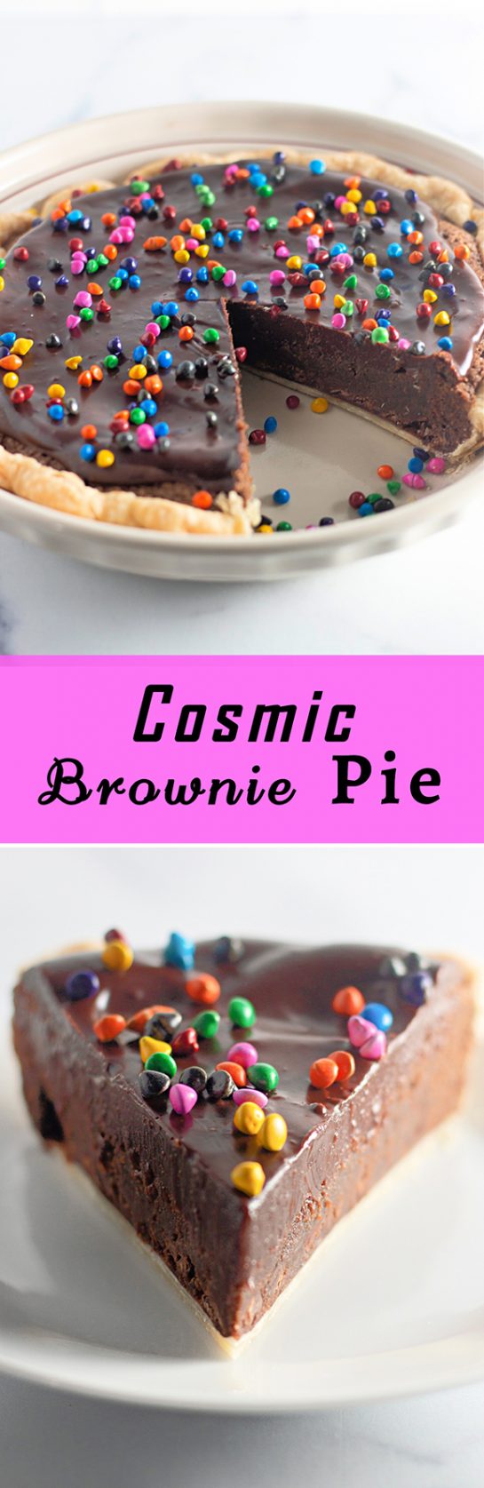 Cosmic Brownie Pie recipe is a slice of heaven. This pie is decadent and don’t forget a glass of cold milk or vanilla ice cream to top it off! Cosmic Brownie Pie is true dessert nirvana with its flakey and buttery crust and fudgy center.