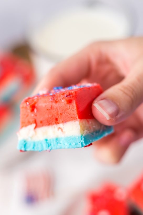 Close up of a slice of the Red, White and Blue Fudge recipe 