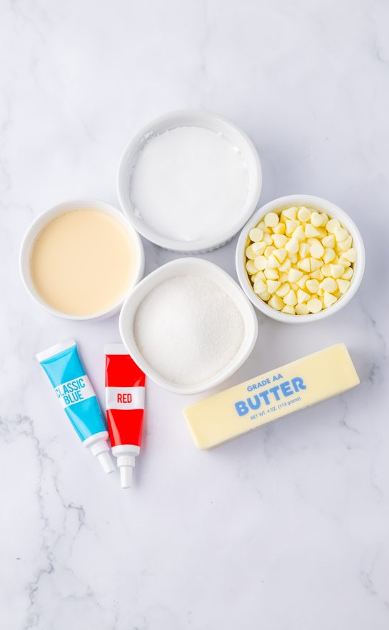 Ingredients needed to make the Red, White and Blue Fudge recipe 