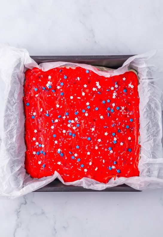 The Red, White and Blue Fudge recipe after it has set up.