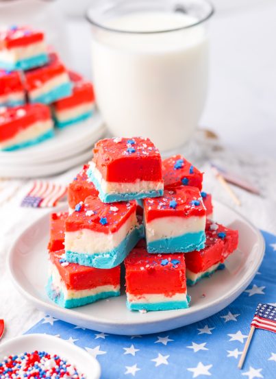 Red, White and Blue Fudge recipe is the perfect patriotic treat to make for Memorial Day, 4th of July, Flag Day, Labor Day, or summer BBQ. With its festive colors, you can impress anybody! A no-bake treat for summer with just a few ingredients!