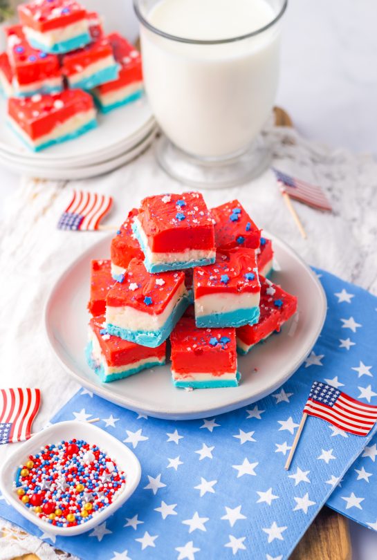 The Red, White and Blue Fudge recipe after it has set and been cup up on the plate.
