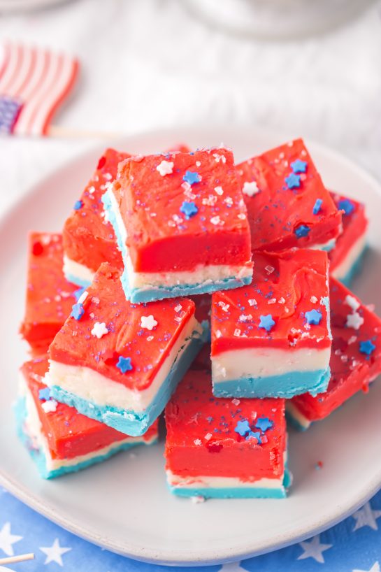Red, White and Blue Fudge recipe is the perfect patriotic treat to make for Memorial Day, 4th of July, Flag Day, Labor Day, or summer BBQ. With its festive colors, you can impress anybody! A no-bake treat for summer with just a few simple ingredients!