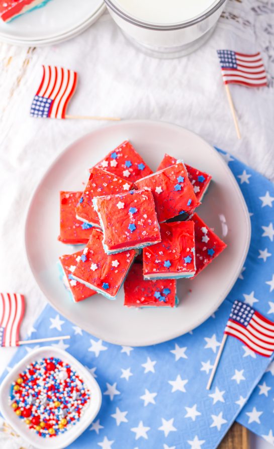 Overhead photo of a slice of the Red, White and Blue Fudge recipe 