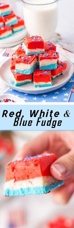 Red, White and Blue Fudge recipe is the perfect patriotic treat to make for Memorial Day, 4th of July, Flag Day, Labor Day, or summer BBQ. With its festive red, white, and blue colors, you can impress anybody! A no-bake treat for summer with simple ingredients!