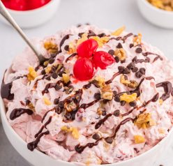 Banana Split Fluff Salad is a quick and easy recipe that turns a classic ice cream treat into a deliciously creamy “dump and go” dessert salad or side dish!