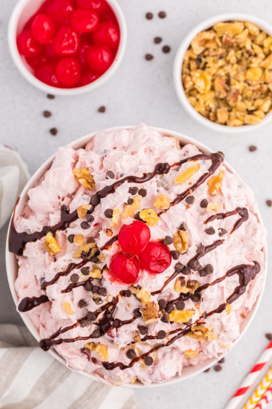 Overhead shot of the Banana Split Fluff Salad recipe dished up and ready to be served for any party.