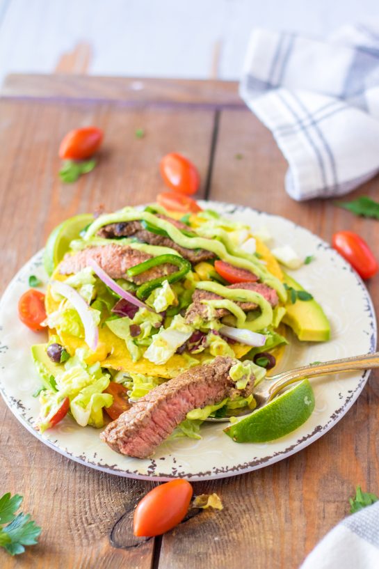 Overhead photo of the finished Steak Tostada Salad recipe