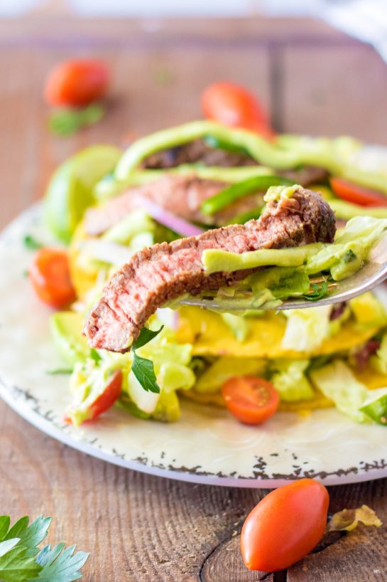 Photo of the sliced and finished Steak Tostada Salad recipe