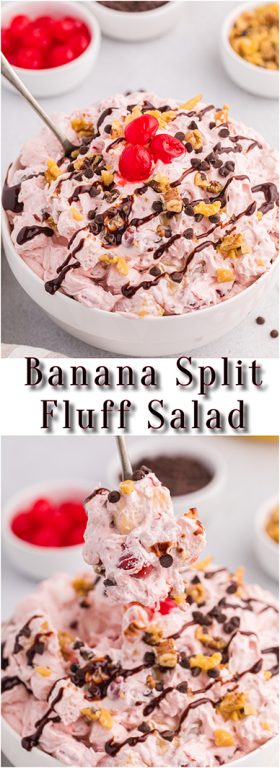 Banana Split Fluff Salad is a quick and easy recipe that turns a classic ice cream treat into a deliciously creamy “dump and go” dessert salad or side dish for any occasion or holiday!