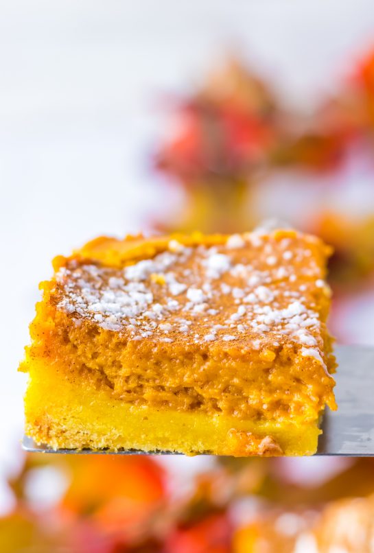 Pumpkin Gooey Butter Cake recipe is always a classic and I swear it is better than pumpkin pie.  It is even better than pumpkin pie and always a favorite in Fall and around the holidays.  A simple crust made from a yellow cake mix get topped with the most luscious pumpkin filling of pumpkin, butter, cream cheese and powdered sugar. A sprinkle of powdered sugar and a dollop of whipped cream makes this cake a total showstopper for fall.