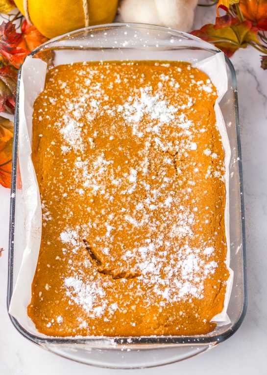 Easy Pumpkin Gooey Butter Cake recipe baked and out of the oven.