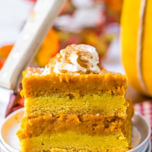 Pumpkin Gooey Butter Cake recipe is always a classic and I swear it is better than pumpkin pie.  It is even better than pumpkin pie and always a favorite in Fall and around the holidays.  A simple crust made from a yellow cake mix get topped with the most luscious pumpkin filling of pumpkin, butter, cream cheese and powdered sugar. A sprinkle of powdered sugar and a dollop of whipped cream makes this cake a showstopper.