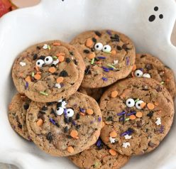 Overhead photo of the Halloween Monster Chocolate Chip Cookies recipe finished and plated.