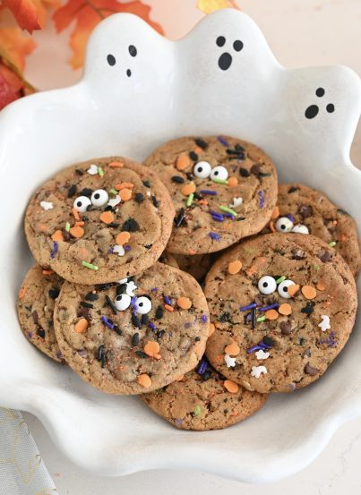 Overhead photo of the Halloween Monster Chocolate Chip Cookies recipe finished and plated.