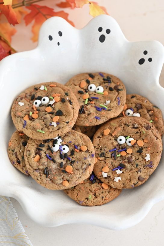 Overhead photo of the Halloween Monster Chocolate Chip Cookies recipe finished and plated.