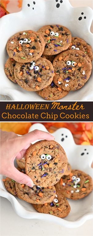 Easy Halloween Monster Chocolate Chip Cookies recipe: the perfect blend of crisp edges and chewy centers, bursting with buttery flavor and gooey chocolate chips. Topped with playful candy eyes and a sprinkle of festive colors, they’re not just a treat—they’re a fun and spooky centerpiece for any Halloween party.