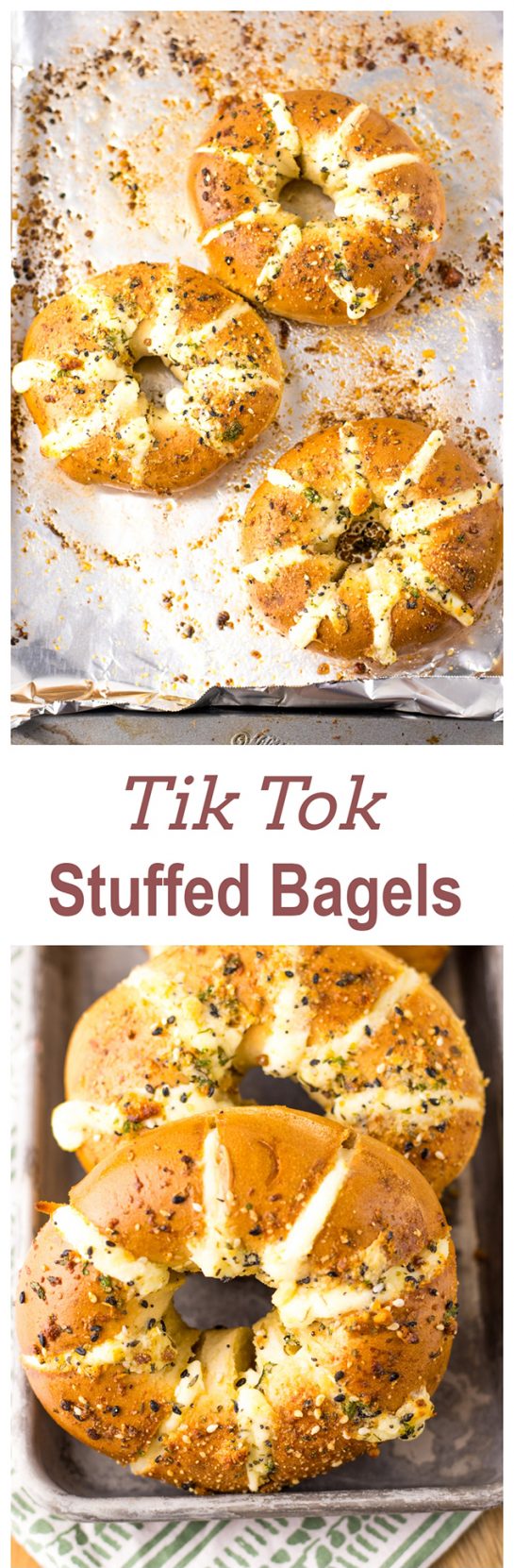 Tik Tok Stuffed Bagels are going viral for a good reason! Bagels are sliced and stuffed with a sweetened cream cheese. They are brushed with a garlic butter and sprinkled with parmesan cheese before getting baked in the oven.  These totally take bagels to a whole new level.  This includes directions for the air fryer.