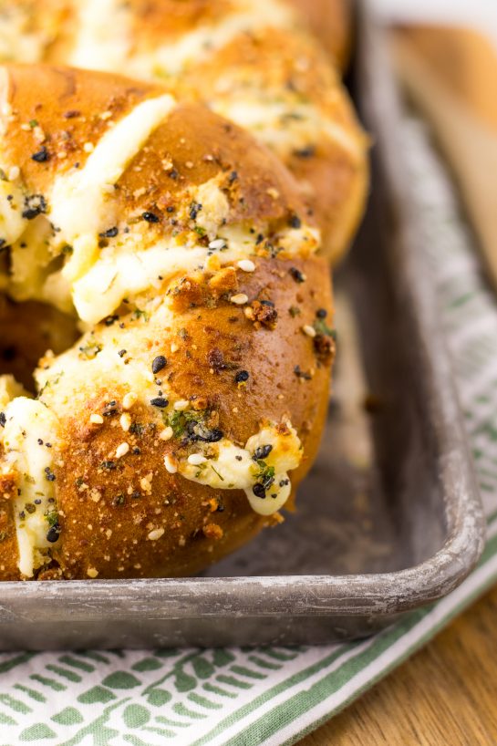 Close-up of Tik Tok Stuffed Bagels that have been going viral and are the perfect breakfast recipe.