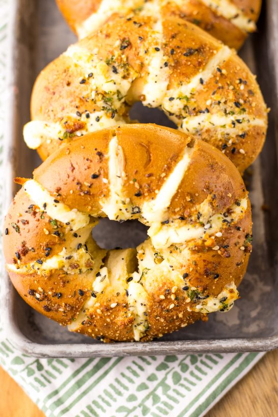 Close-up photo of the finished and plated TikTok stuffed bagels recipe ready to be served