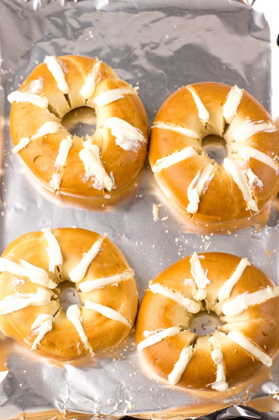 Photo of Tik Tok Stuffed Bagels sliced and stuffed with the cream cheese filling.