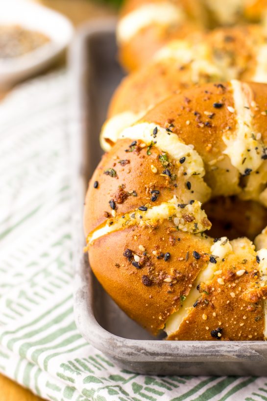 Close-up photo of the finished and plated TikTok stuffed bagels recipe