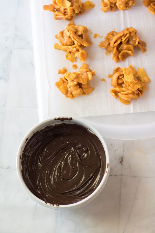 Melting the chocolate for the Frito Candy recipe to enjoy at Christmas.