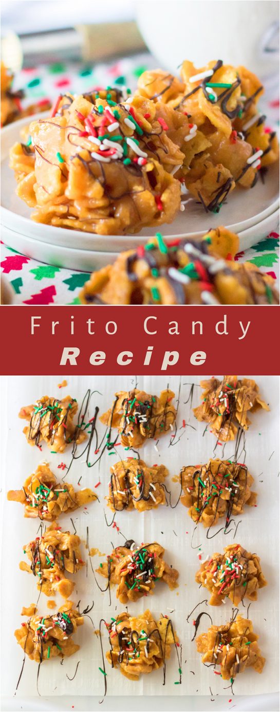 Frito Candy recipe is a creamy, gooey base of peanut butter candy gets tossed with salty Fritos for a fabulous treat for Christmas.  You will drizzle them with chocolate and top them with sprinkles and they are perfect for a holiday dessert tray or potluck.