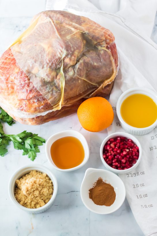 Ingredients for the glazed Christmas ham recipe for Christmas dinner.