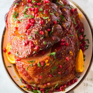 Overhead shot of the finished Christmas ham recipe for Christmas or Easter dinner.