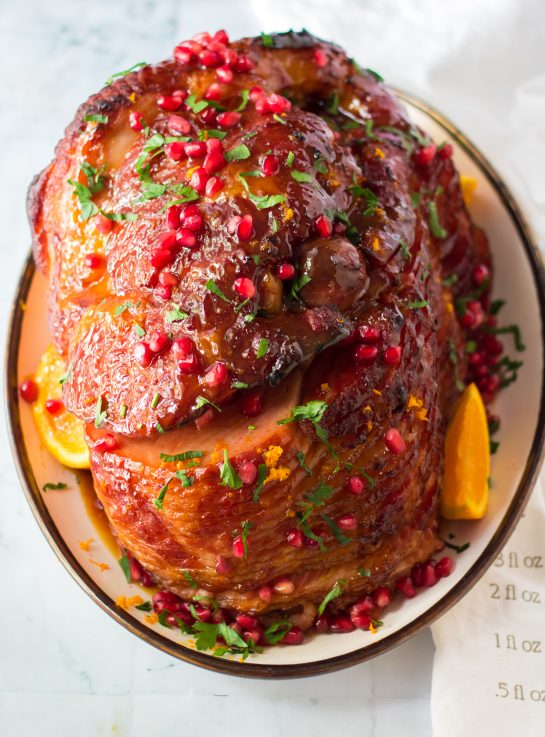 Overhead shot of the finished Christmas ham recipe for Christmas or Easter dinner.