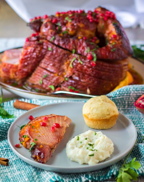 Overhead shot of the finished and plated Christmas ham recipe for Christmas or Easter dinner.