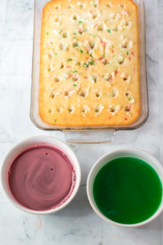 Photo of poking the holes into the Christmas Poke Cake recip