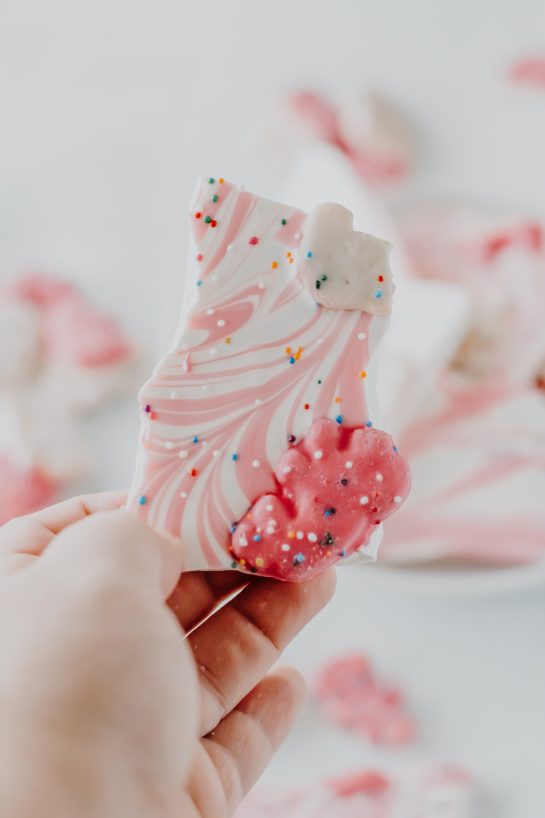 Close-up photo of the finished No-Bake Circus Cookie Bark dessert recipe