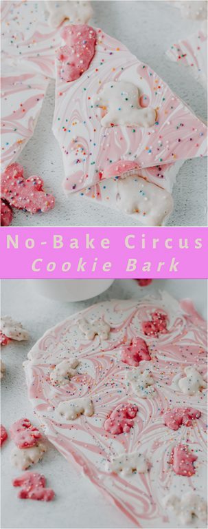 No-Bake Circus Cookie Bark dessert recipe is an easy, playful and colorful treat that brings together the irresistible crunch of circus animal cookies with a smooth, creamy white chocolate base. The bark is generously sprinkled with these nostalgic cookies, topped with rainbow sprinkles, and drizzled with more melted chocolate for extra bit of sweetness.