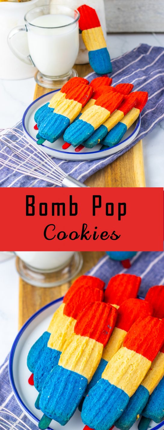 This recipe for Bomb Pop Cookies is not only so tasty but so cute for the 4th of July or Memorial Day! These are the perfect dessert to bring for those red, white and blue holidays. Bursting with Sugar cookie flavors with hints of cherry flavoring in the red and blueberry flavoring in the blue, using Jello! These were so fun to make and were a huge hit for everybody involved!