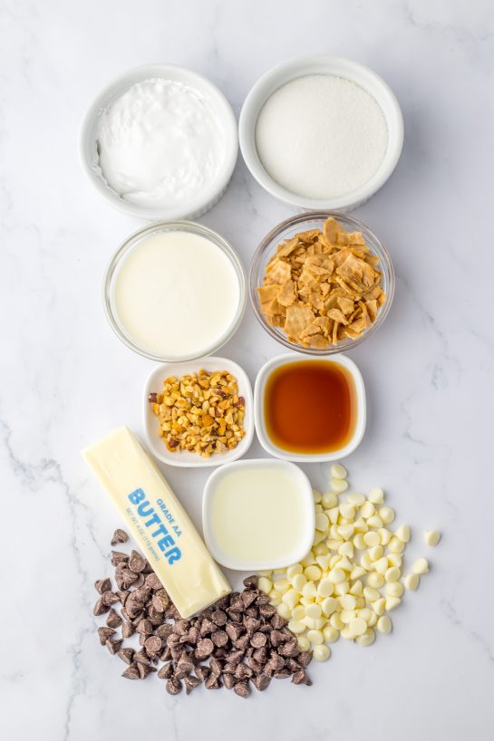 Ingredients needed to make the no-bake drumstick ice-cream fudge recipe