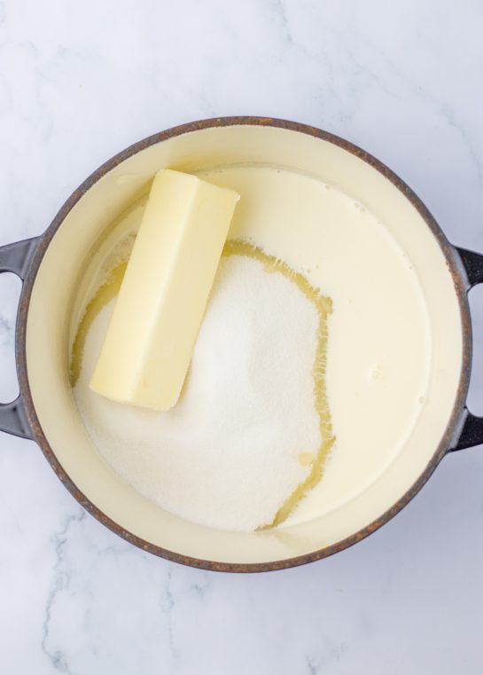 Melting the butter and sugar needed to make the no-bake drumstick ice-cream fudge recipe