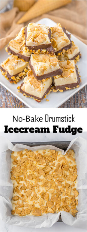 No-Bake Drumstick Ice Cream Fudge recipe inspired by the flavors of classic Drumstick ice cream cones. This is amazing, tasting just like the cones you ate as a child. Creamy fudge with crushed sugar cones on top, then dipped into a yummy chocolate and salted peanuts. Such a great, easy fudge!