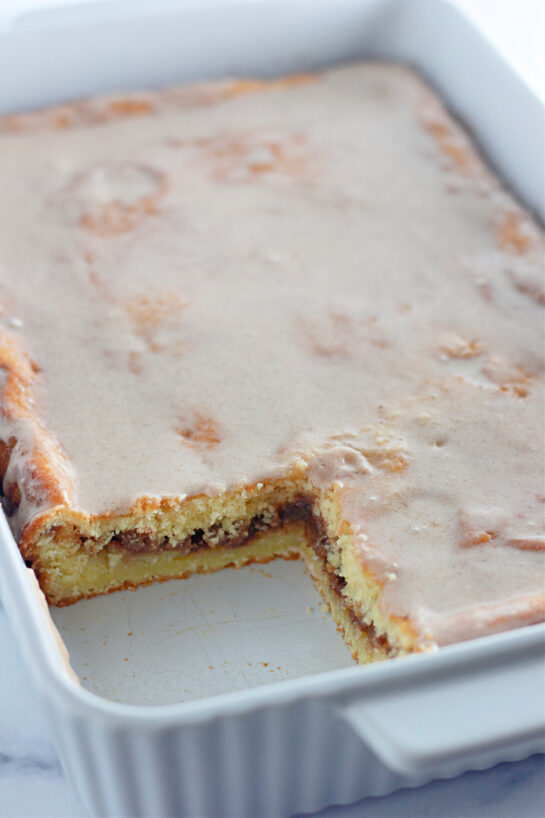 Cut-open photo of Honey Bun Cake recipe to show the inside of the cake.