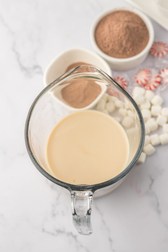 Bailey's Irish cream ready to be added for the hot chocolate pudding shots recipe