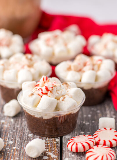 These Peppermint Hot Chocolate Pudding Shots are always such a hit at any holiday party!  Creamy hot chocolate pudding is mixed with Bailey’s Irish Cream and topped with whipped cream, mini marshmallows and crushed peppermints.  These are easy to whip up and a great festive treat!